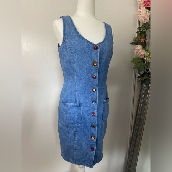 Vintage GOLD RUSH Denim Dress Jewel Buttons Size Medium - Picture 3 of 17